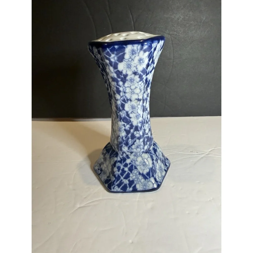 Victoria Ironstone Blue White Floral Flower Frog Vase Chinoiserie 5.5